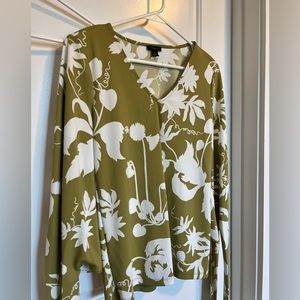 Olive Green blouse with tie sleeves and floral design